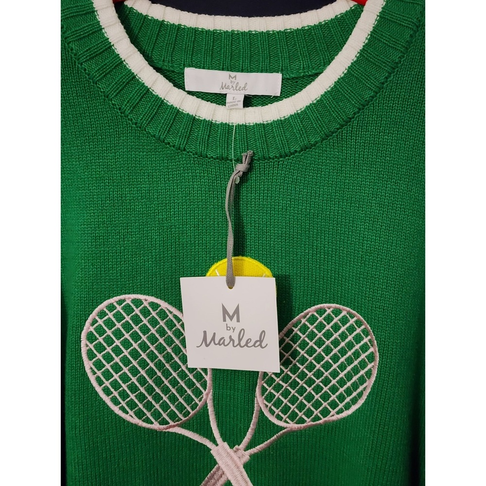 M by Marled Green Tennis Sweater Embroidered Tennis Ball Rackets Women's Large - Picture 2 of 5